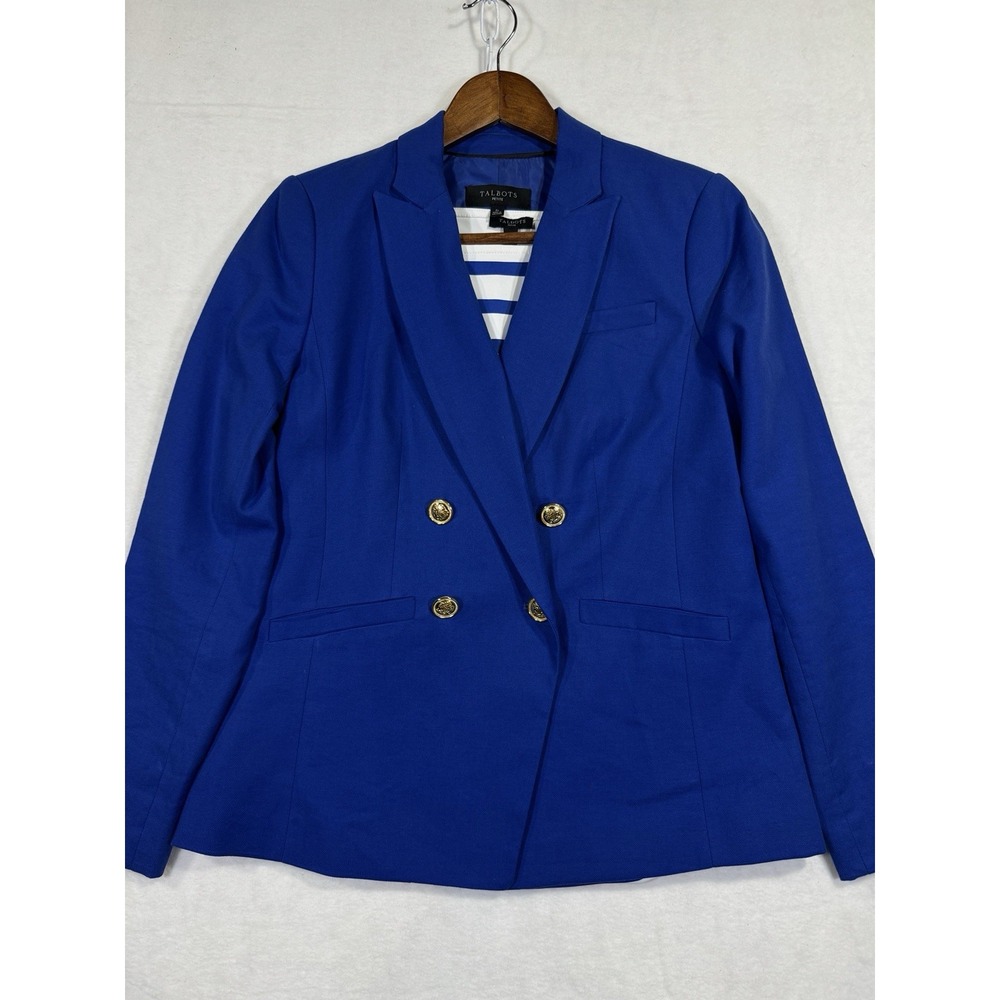 Talbots Petite 2P Blue Linen Blend double Breasted Blazer Striped Top Set Womens